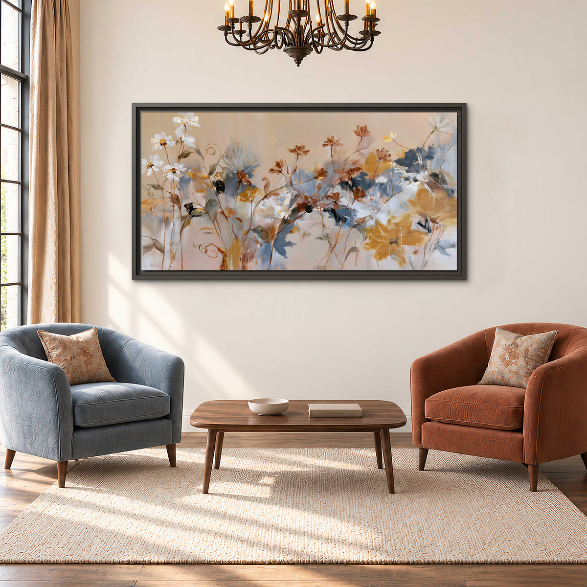 Loose blue and ochre blossoms layered across a warm neutral background single framed canvas wall art styled in an interior