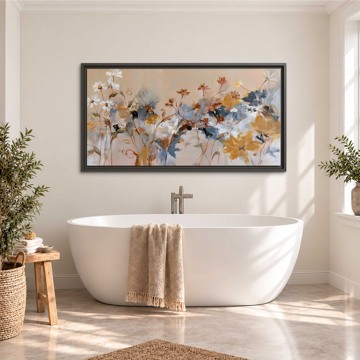 Loose blue and ochre blossoms layered across a warm neutral background single framed canvas wall art styled in an interior