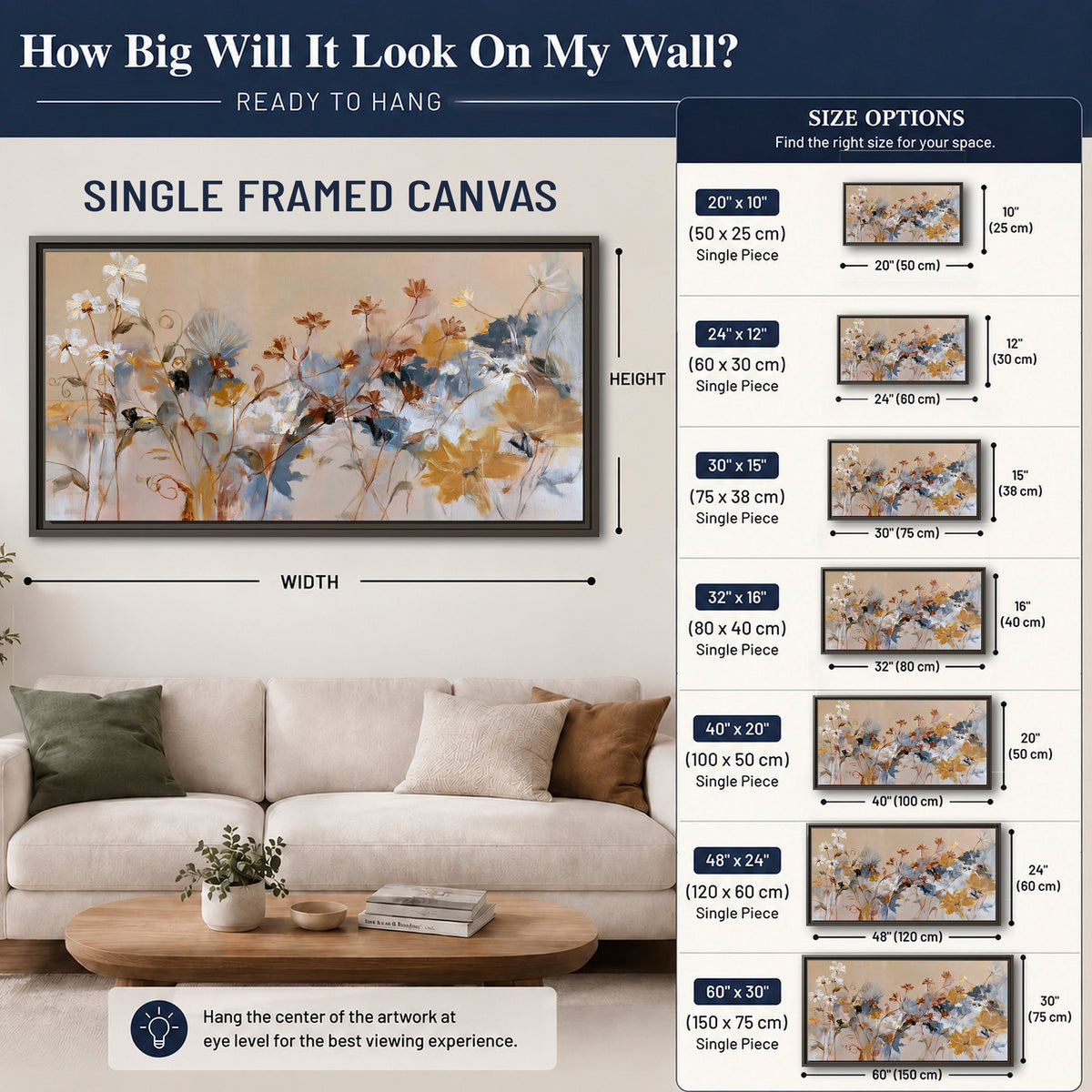 Loose blue and ochre blossoms layered across a warm neutral background single framed canvas wall art size guide above a sofa; room view is illustrative