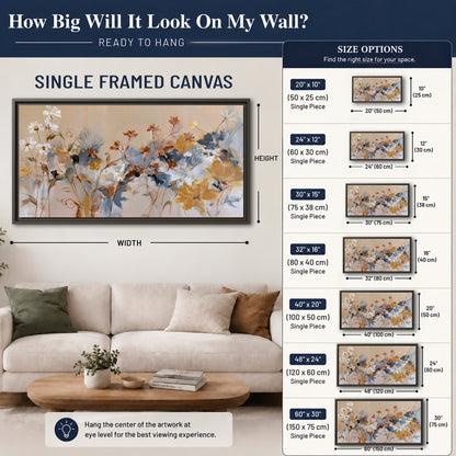 Loose blue and ochre blossoms layered across a warm neutral background single framed canvas wall art size guide above a sofa; room view is illustrative