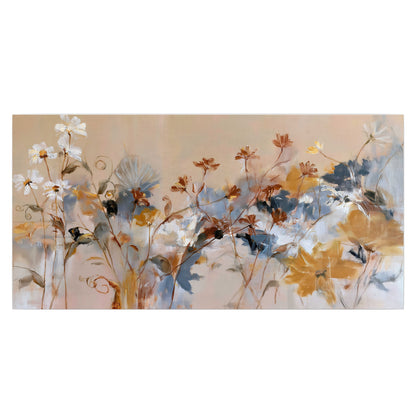 Loose blue and ochre blossoms layered across a warm neutral background single poster print viewed straight on
