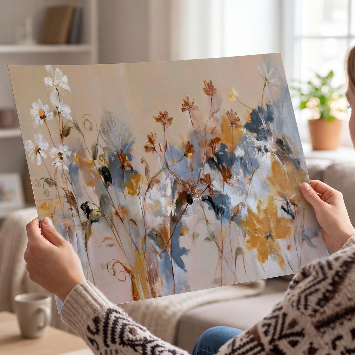 Loose blue and ochre blossoms layered across a warm neutral background single poster print held in hands