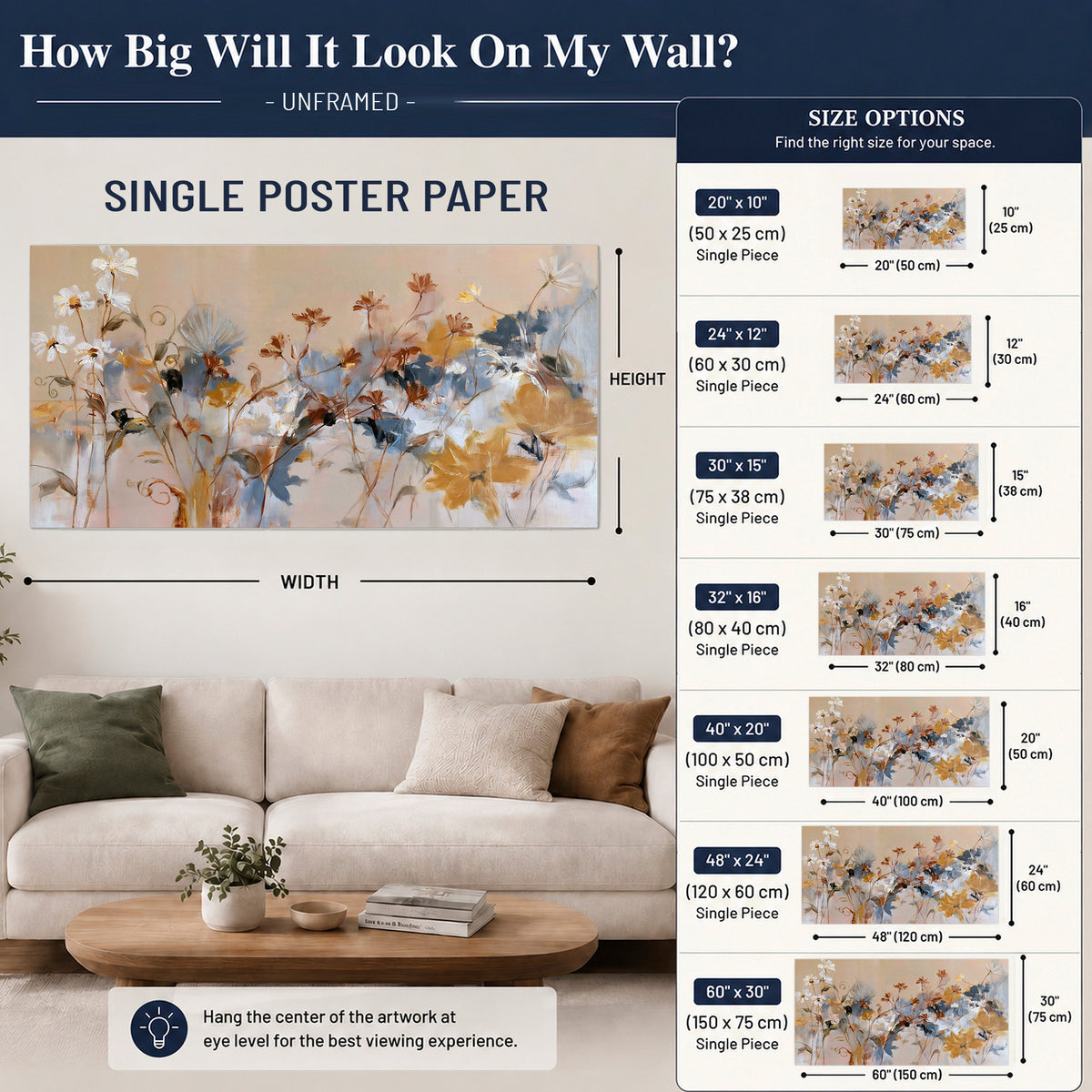 Loose blue and ochre blossoms layered across a warm neutral background single poster print size guide above a sofa; room view is illustrative