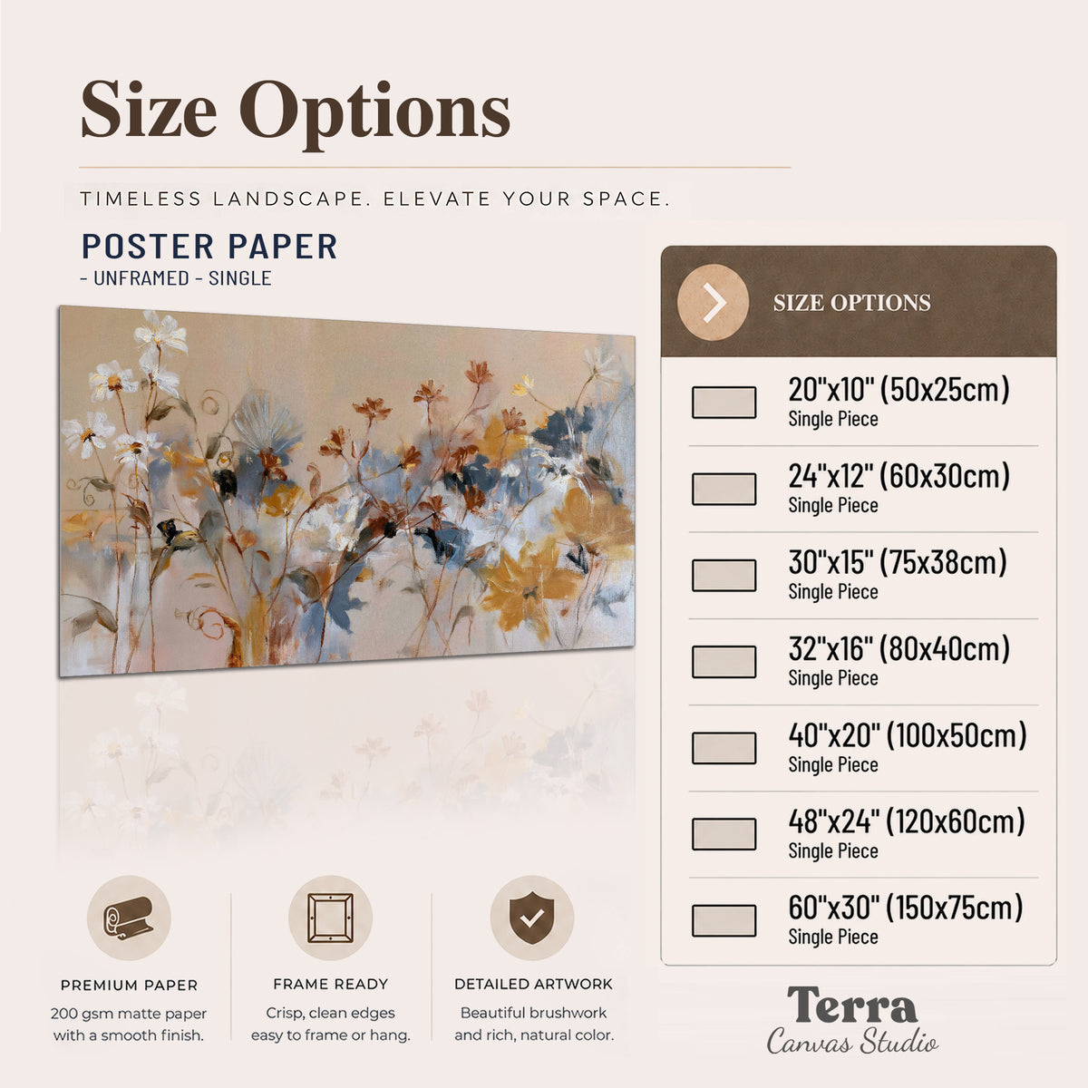 Loose blue and ochre blossoms layered across a warm neutral background single poster print available dimensions