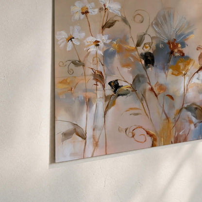Loose blue and ochre blossoms layered across a warm neutral background set of 3 poster prints material and edge close up
