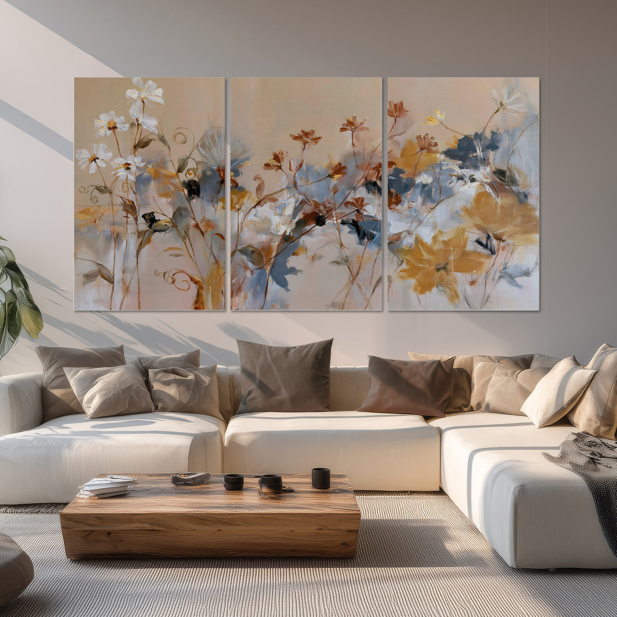 Loose blue and ochre blossoms layered across a warm neutral background set of 3 poster prints displayed in a living room