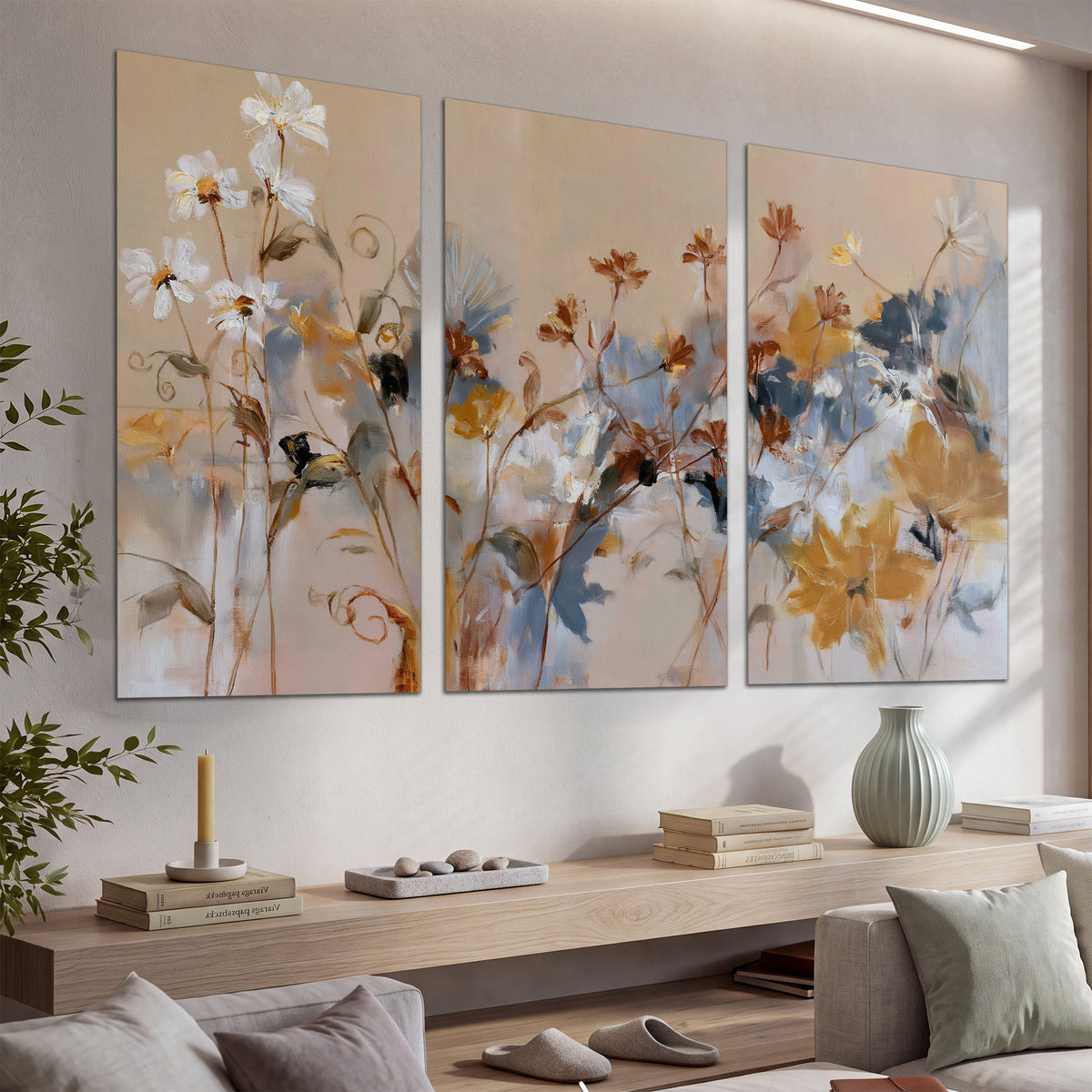 Loose blue and ochre blossoms layered across a warm neutral background set of 3 poster prints displayed in a console