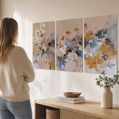 Loose blue and ochre blossoms layered across a warm neutral background set of 3 poster prints three panel arrangement on a wall