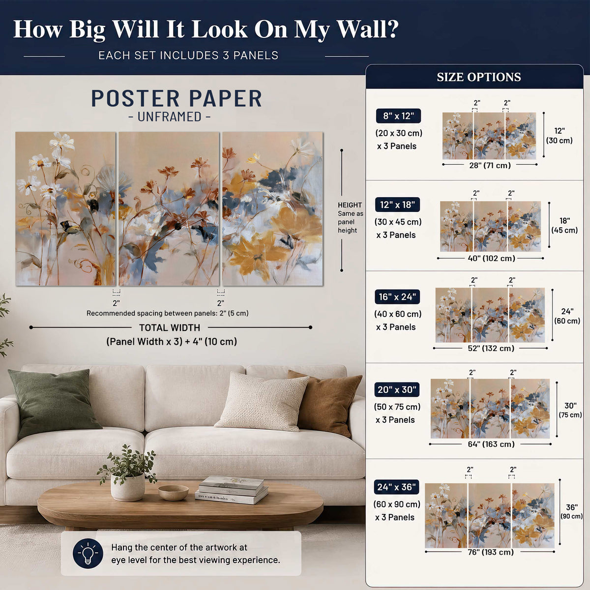 Loose blue and ochre blossoms layered across a warm neutral background set of 3 poster prints size guide above a sofa; room view is illustrative