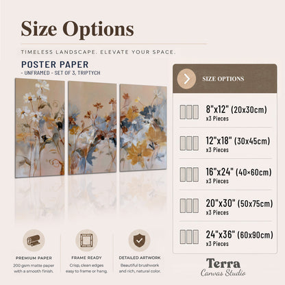 Loose blue and ochre blossoms layered across a warm neutral background set of 3 poster prints available dimensions; triptych dimensions are per panel