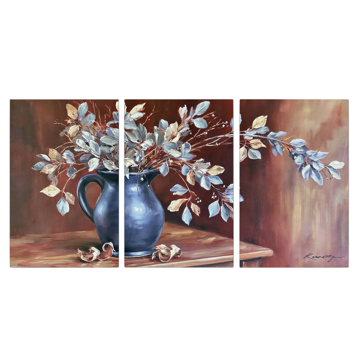 White flowering branches gathered in a deep blue pitcher against a warm rust-colored wall 3 piece canvas wall art viewed straight on