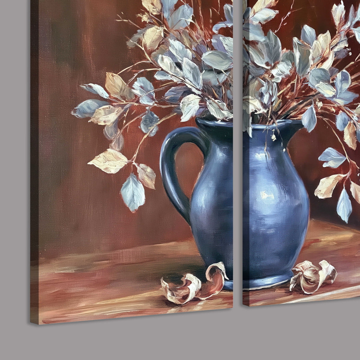 White flowering branches gathered in a deep blue pitcher against a warm rust-colored wall 3 piece canvas wall art room and product view