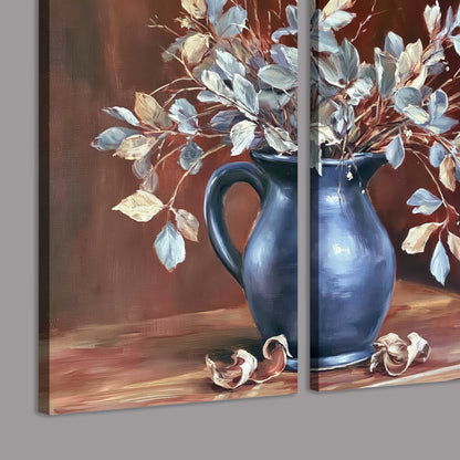 White flowering branches gathered in a deep blue pitcher against a warm rust-colored wall 3 piece canvas wall art room and product view