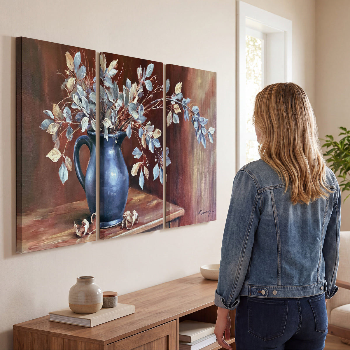 White flowering branches gathered in a deep blue pitcher against a warm rust-colored wall 3 piece canvas wall art three panel arrangement on a wall