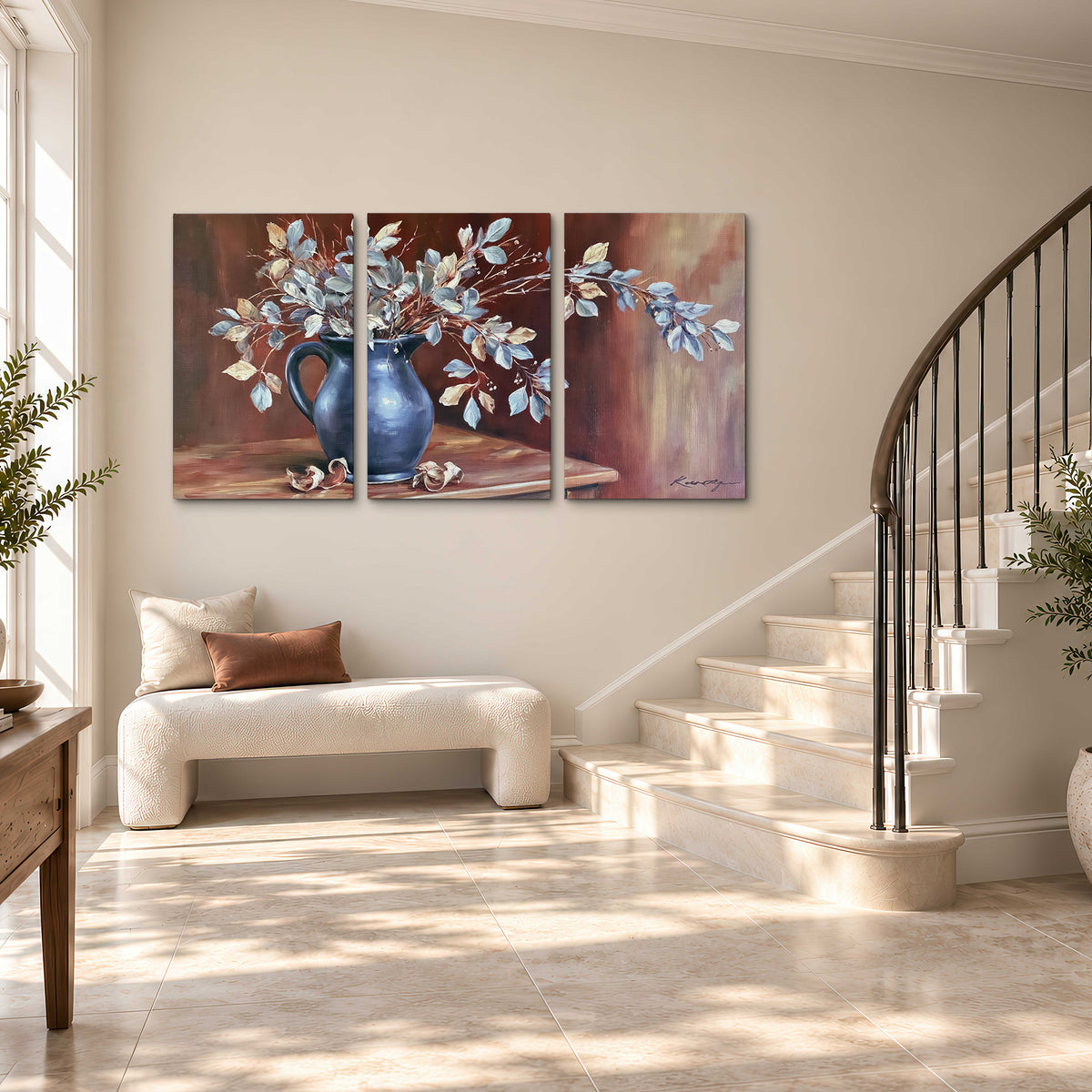 White flowering branches gathered in a deep blue pitcher against a warm rust-colored wall 3 piece canvas wall art styled in an interior