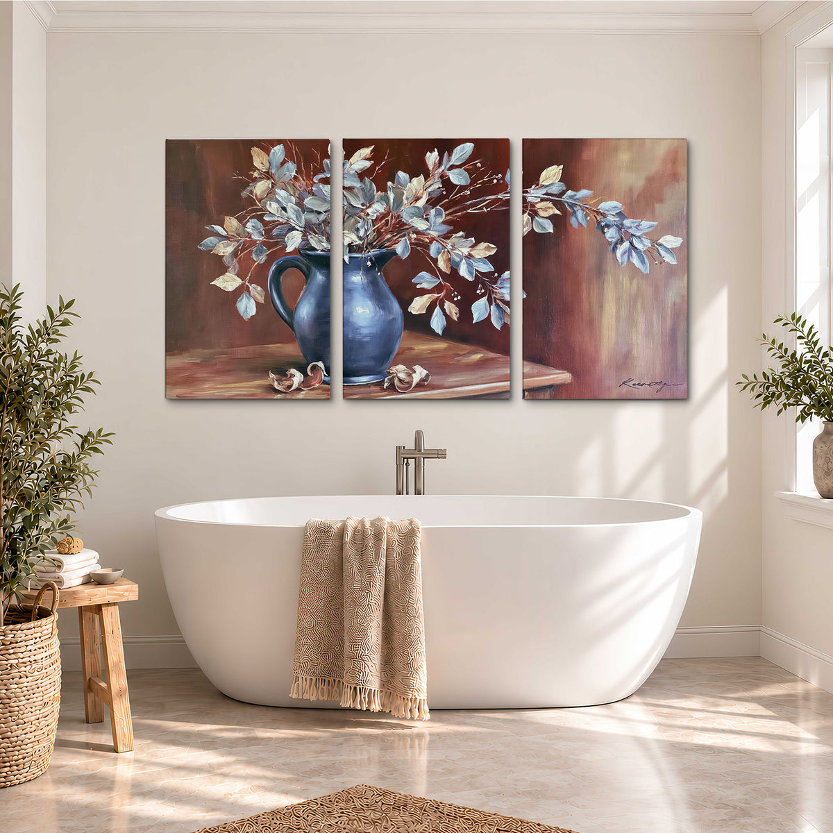White flowering branches gathered in a deep blue pitcher against a warm rust-colored wall 3 piece canvas wall art styled in an interior