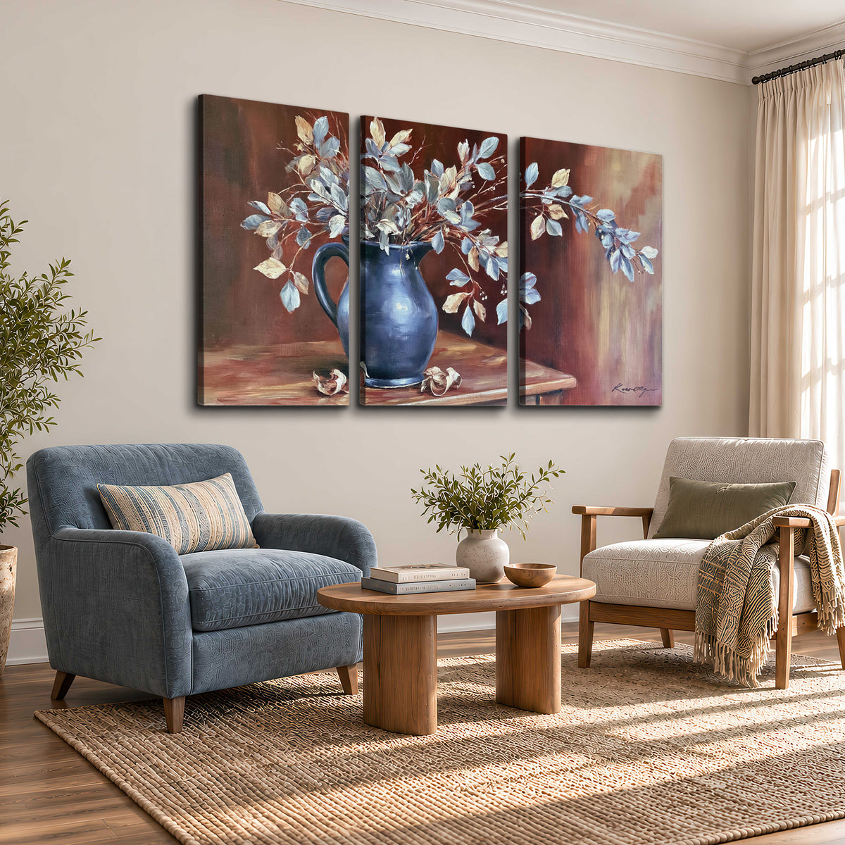 White flowering branches gathered in a deep blue pitcher against a warm rust-colored wall 3 piece canvas wall art styled in an interior