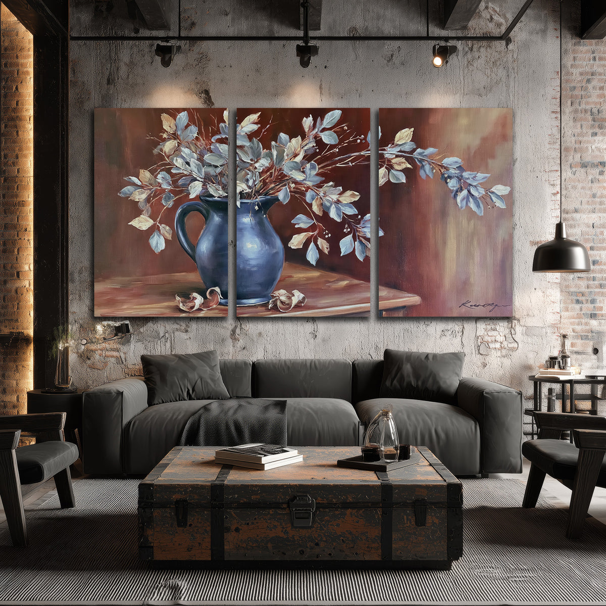 White flowering branches gathered in a deep blue pitcher against a warm rust-colored wall 3 piece canvas wall art displayed in a industrial room