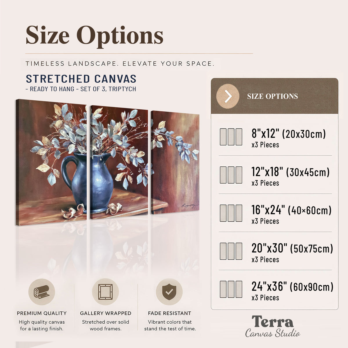 White flowering branches gathered in a deep blue pitcher against a warm rust-colored wall 3 piece canvas wall art available dimensions; triptych dimensions are per panel