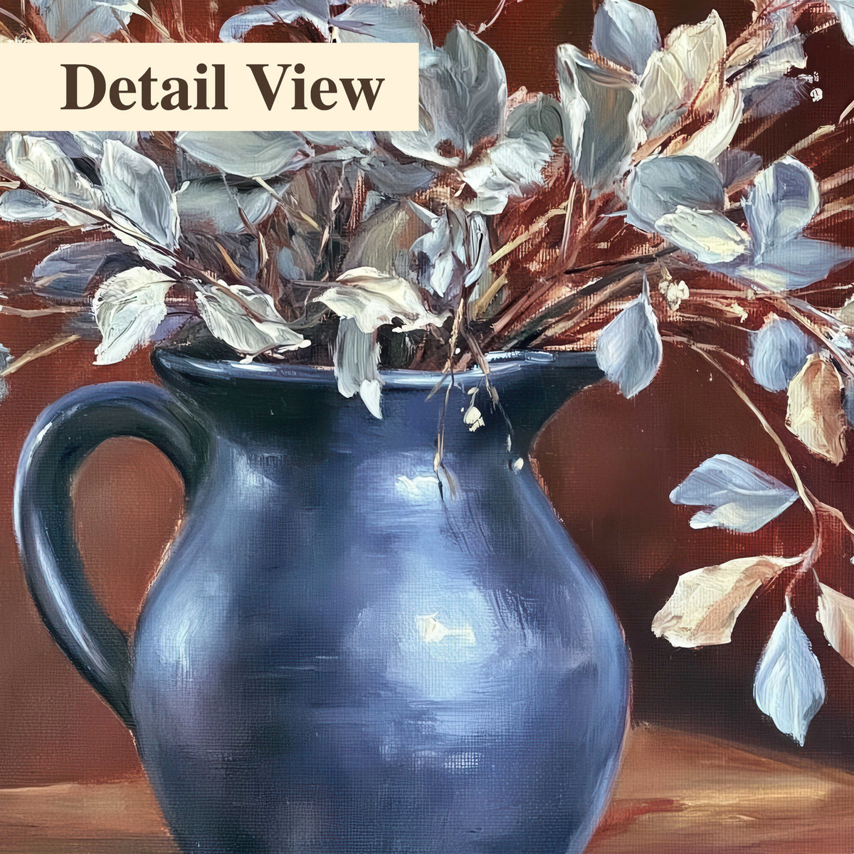 White flowering branches gathered in a deep blue pitcher against a warm rust-colored wall 3 piece canvas wall art artwork detail close up