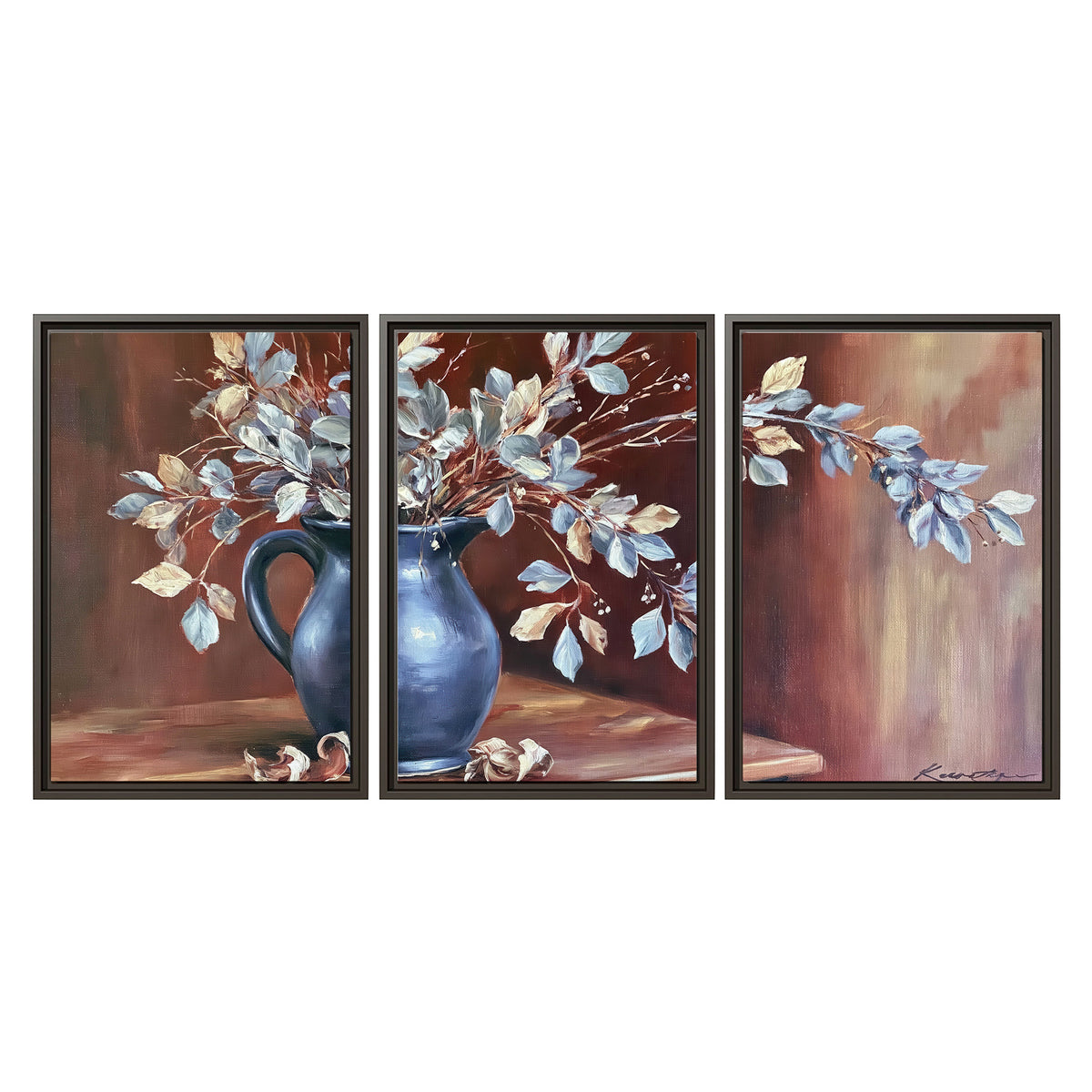 White flowering branches gathered in a deep blue pitcher against a warm rust-colored wall 3 piece framed canvas wall art viewed straight on