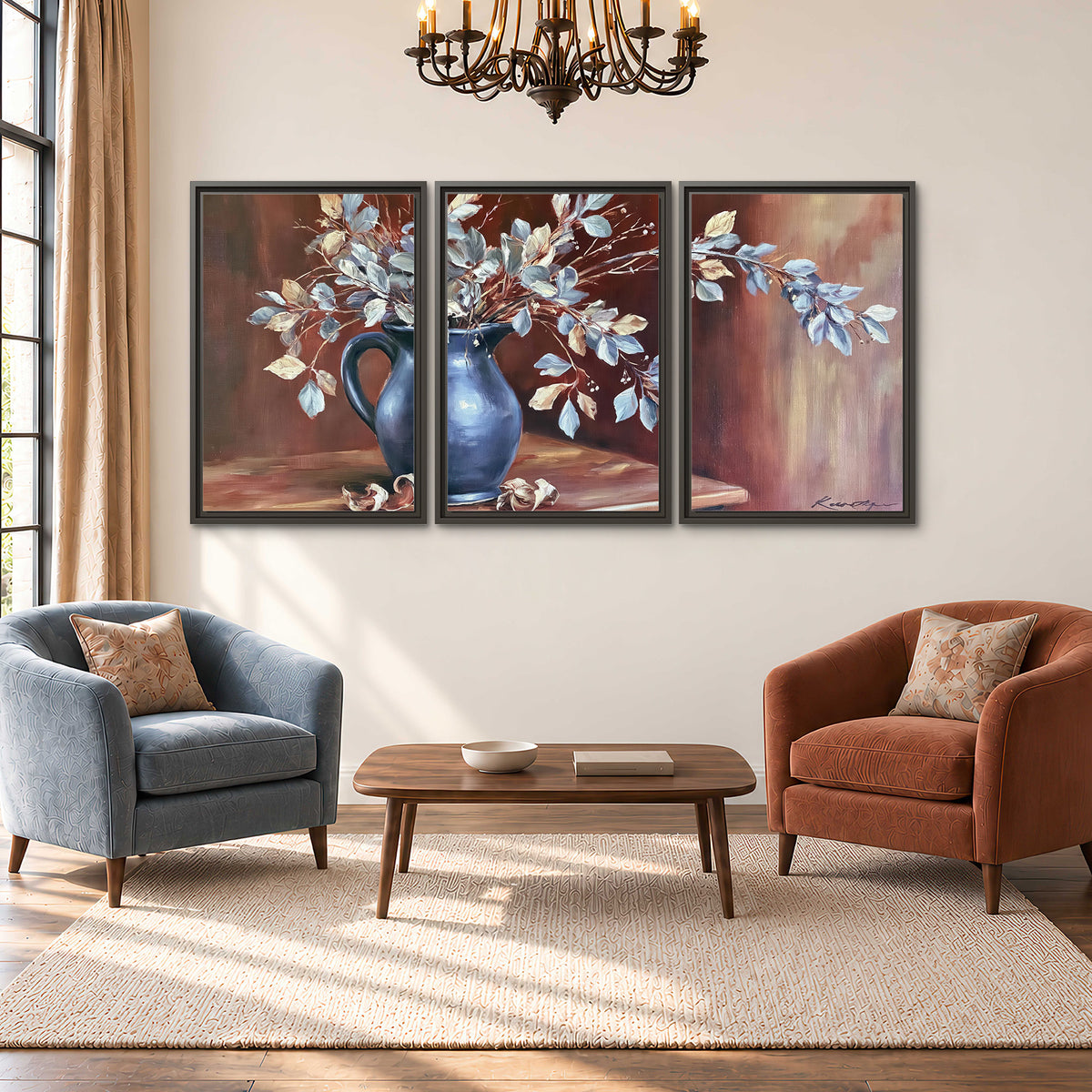 White flowering branches gathered in a deep blue pitcher against a warm rust-colored wall 3 piece framed canvas wall art styled in an interior