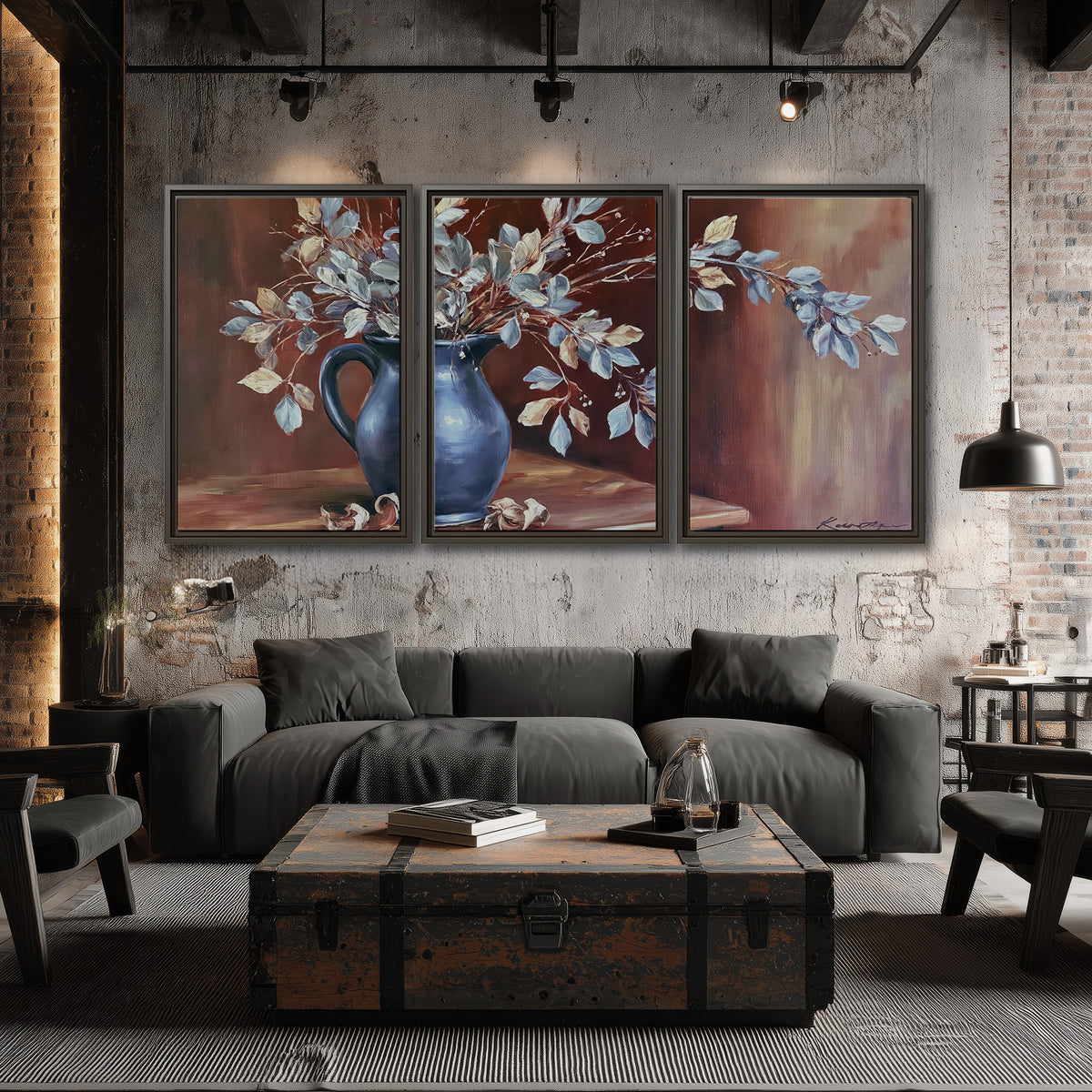 White flowering branches gathered in a deep blue pitcher against a warm rust-colored wall 3 piece framed canvas wall art displayed in a industrial room