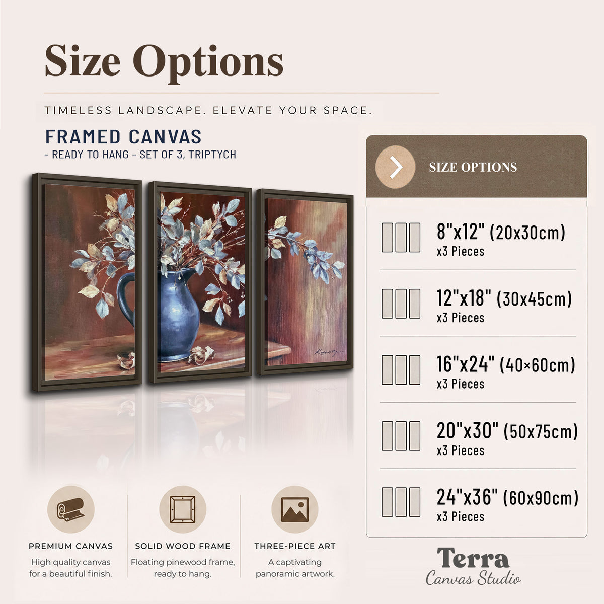 White flowering branches gathered in a deep blue pitcher against a warm rust-colored wall 3 piece framed canvas wall art available dimensions; triptych dimensions are per panel