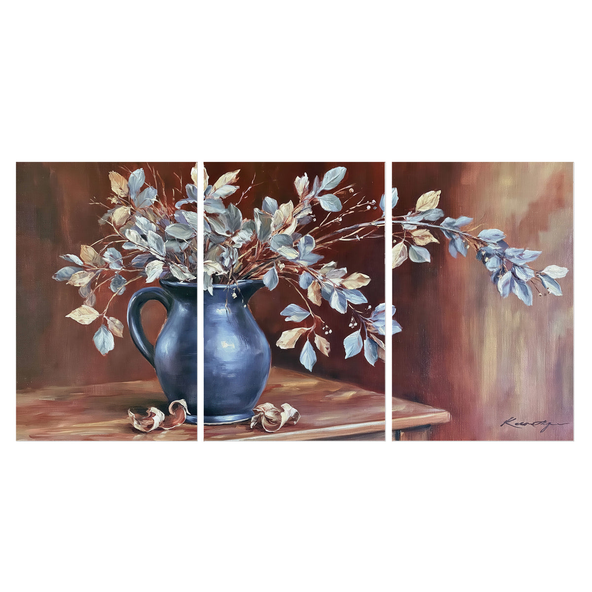 White flowering branches gathered in a deep blue pitcher against a warm rust-colored wall set of 3 poster prints viewed straight on
