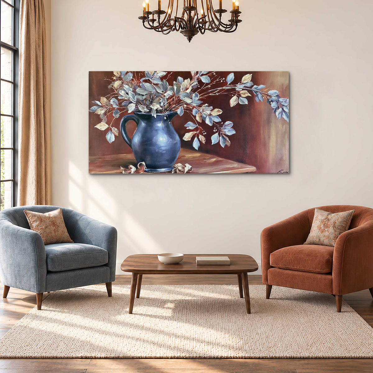 White flowering branches gathered in a deep blue pitcher against a warm rust-colored wall single canvas wall art styled in an interior