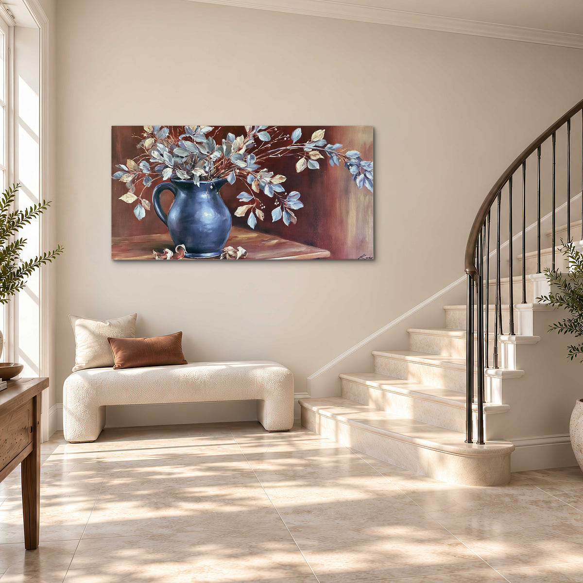White flowering branches gathered in a deep blue pitcher against a warm rust-colored wall single canvas wall art styled in an interior