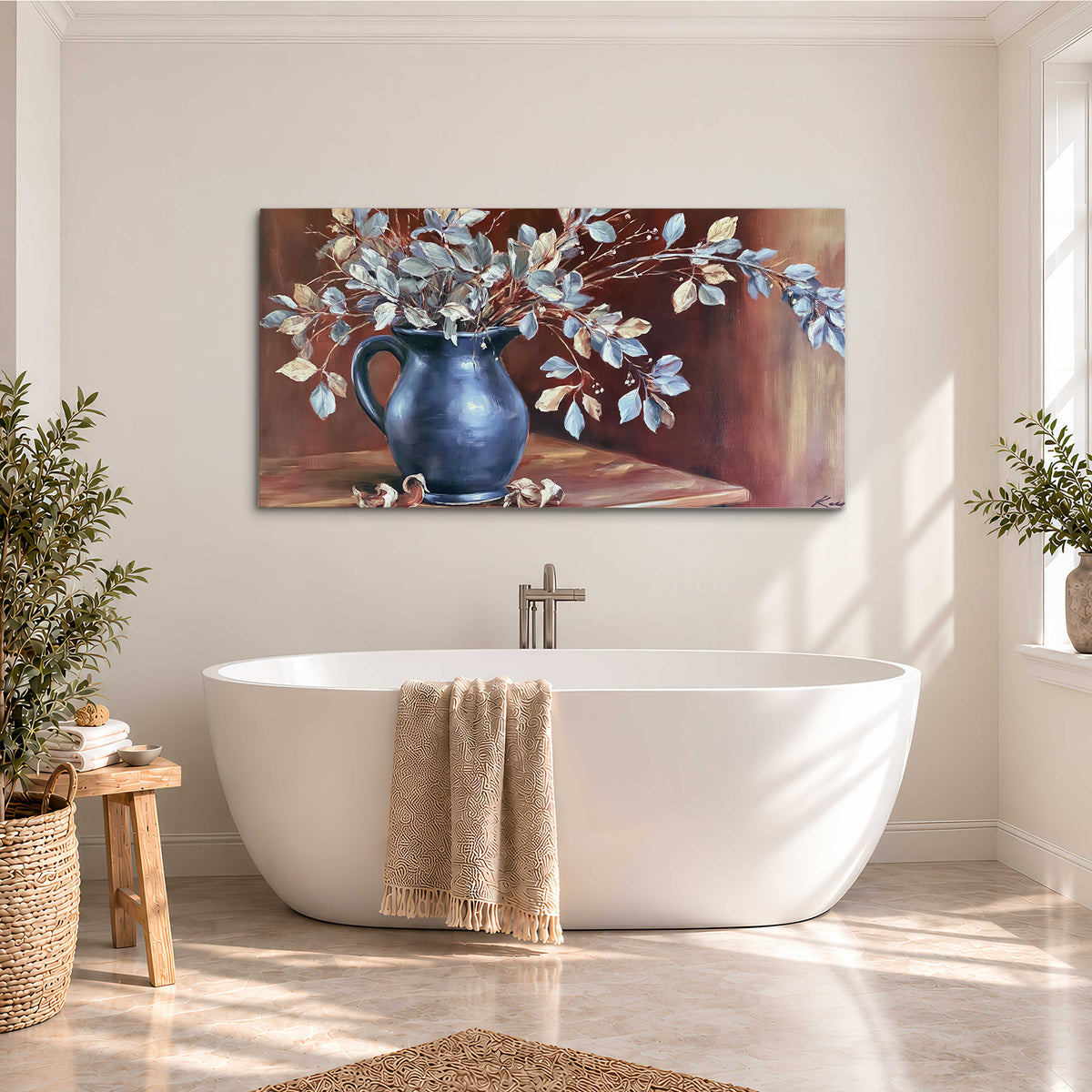 White flowering branches gathered in a deep blue pitcher against a warm rust-colored wall single canvas wall art styled in an interior