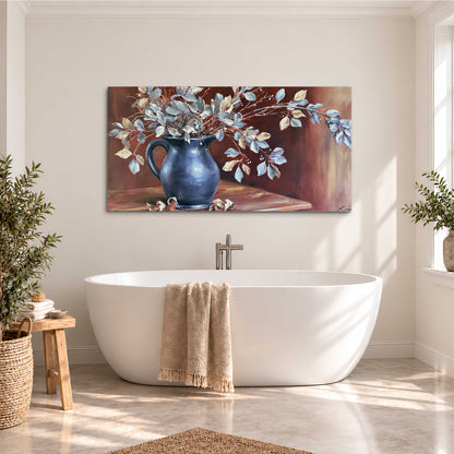 White flowering branches gathered in a deep blue pitcher against a warm rust-colored wall single canvas wall art styled in an interior
