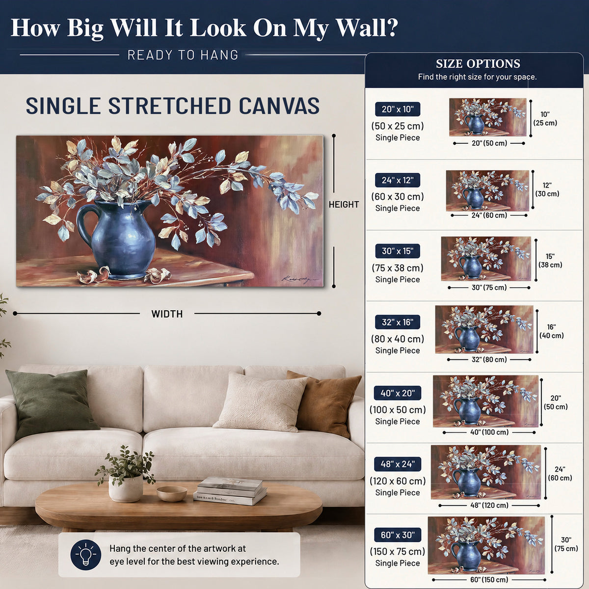 White flowering branches gathered in a deep blue pitcher against a warm rust-colored wall single canvas wall art size guide above a sofa; room view is illustrative