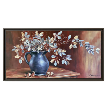 White flowering branches gathered in a deep blue pitcher against a warm rust-colored wall single framed canvas wall art viewed straight on