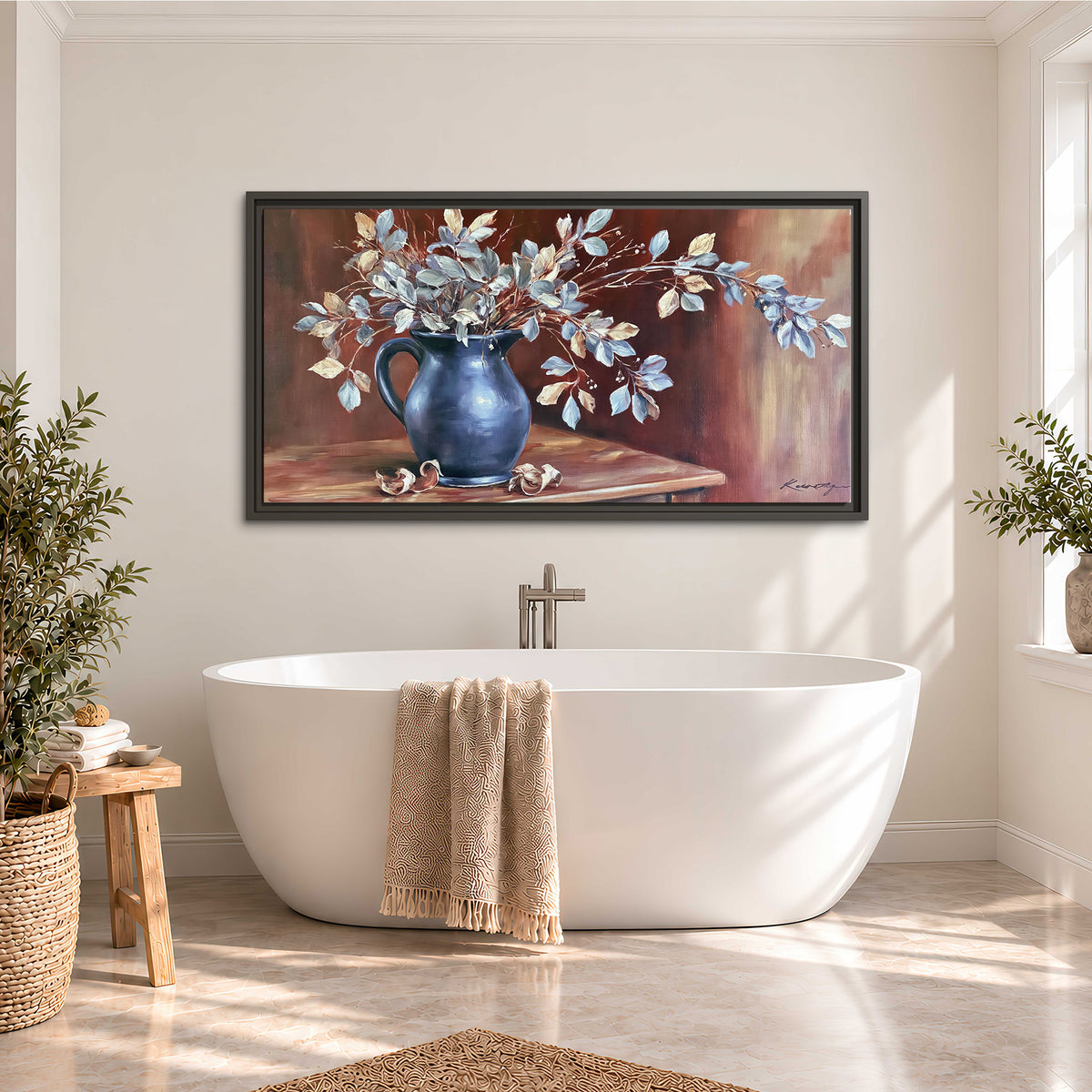 White flowering branches gathered in a deep blue pitcher against a warm rust-colored wall single framed canvas wall art styled in an interior
