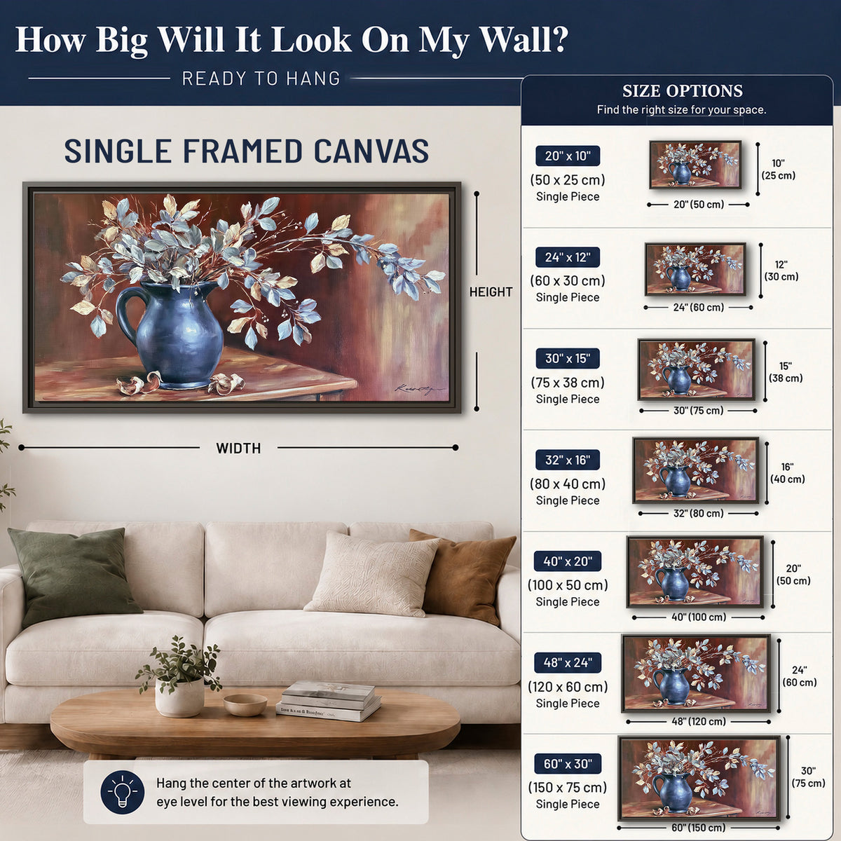 White flowering branches gathered in a deep blue pitcher against a warm rust-colored wall single framed canvas wall art size guide above a sofa; room view is illustrative