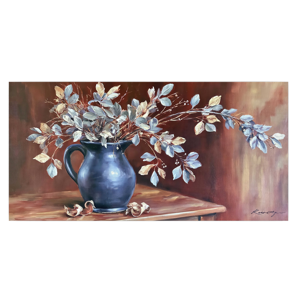 White flowering branches gathered in a deep blue pitcher against a warm rust-colored wall single poster print viewed straight on