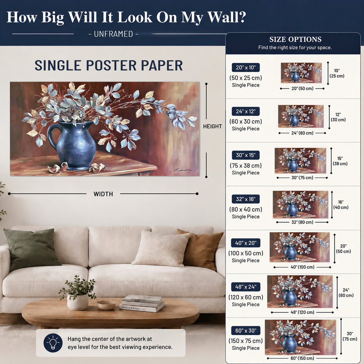 White flowering branches gathered in a deep blue pitcher against a warm rust-colored wall single poster print size guide above a sofa; room view is illustrative