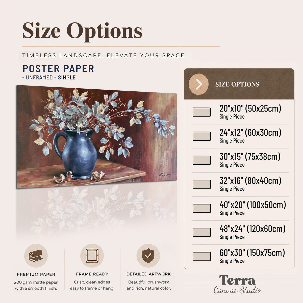 White flowering branches gathered in a deep blue pitcher against a warm rust-colored wall single poster print available dimensions