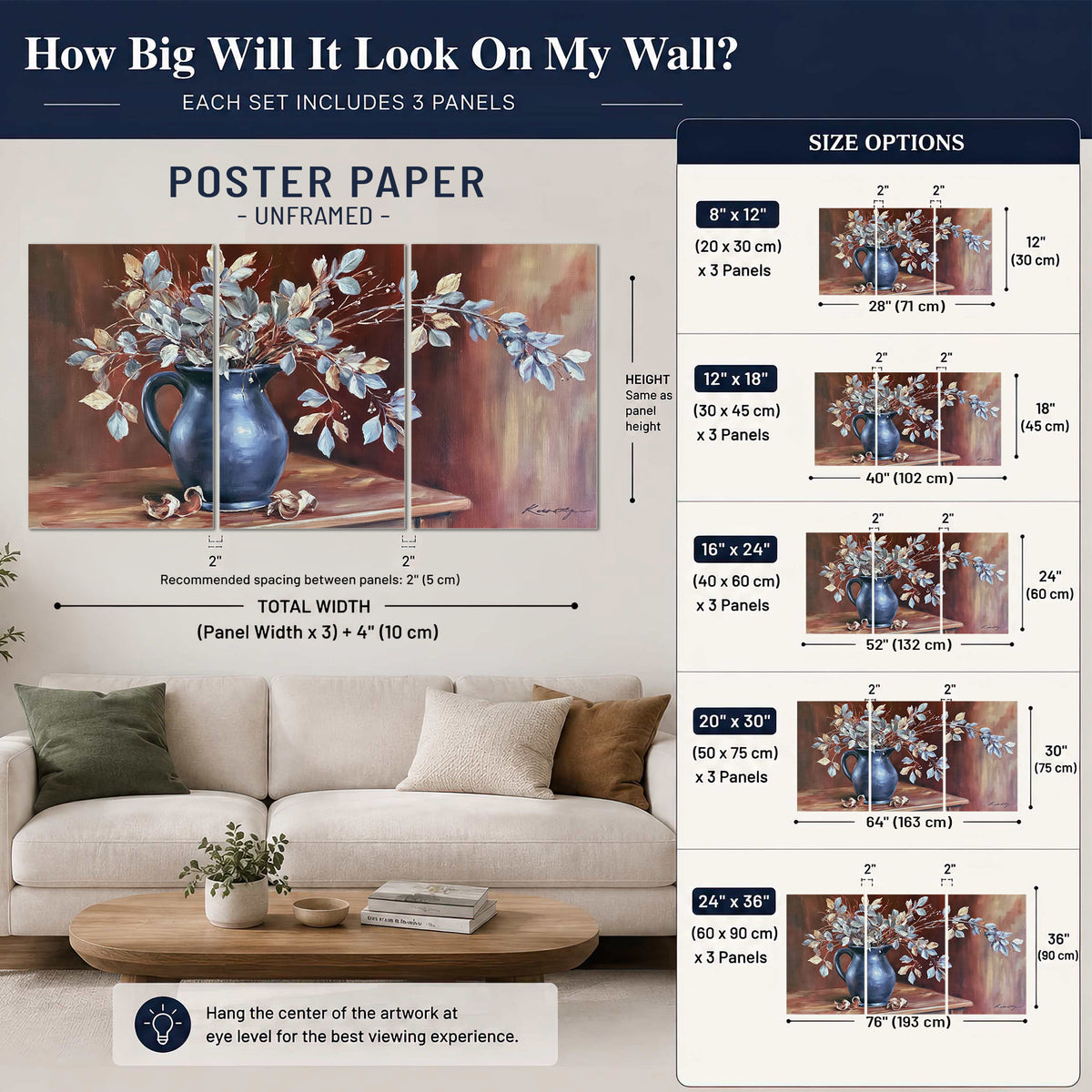 White flowering branches gathered in a deep blue pitcher against a warm rust-colored wall set of 3 poster prints size guide above a sofa; room view is illustrative
