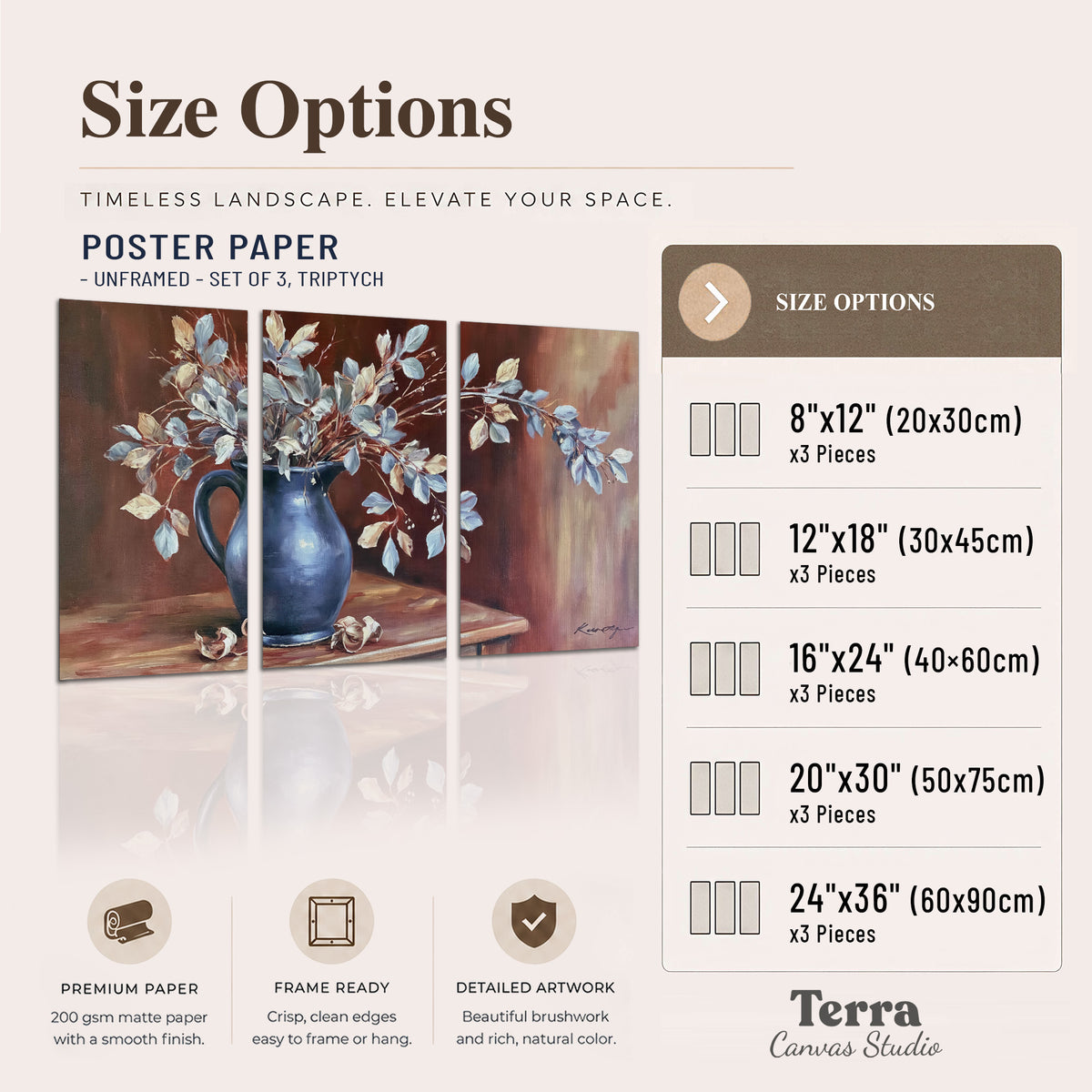 White flowering branches gathered in a deep blue pitcher against a warm rust-colored wall set of 3 poster prints available dimensions; triptych dimensions are per panel