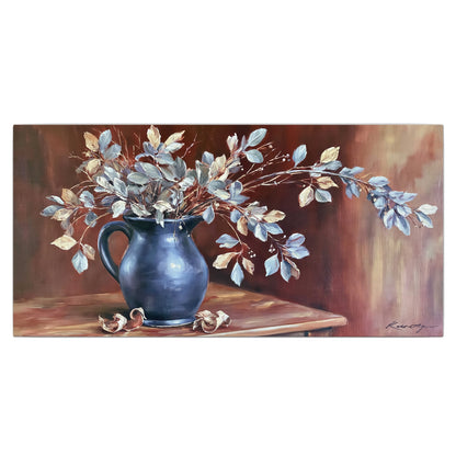 White flowering branches gathered in a deep blue pitcher against a warm rust-colored wall single canvas wall art viewed straight on