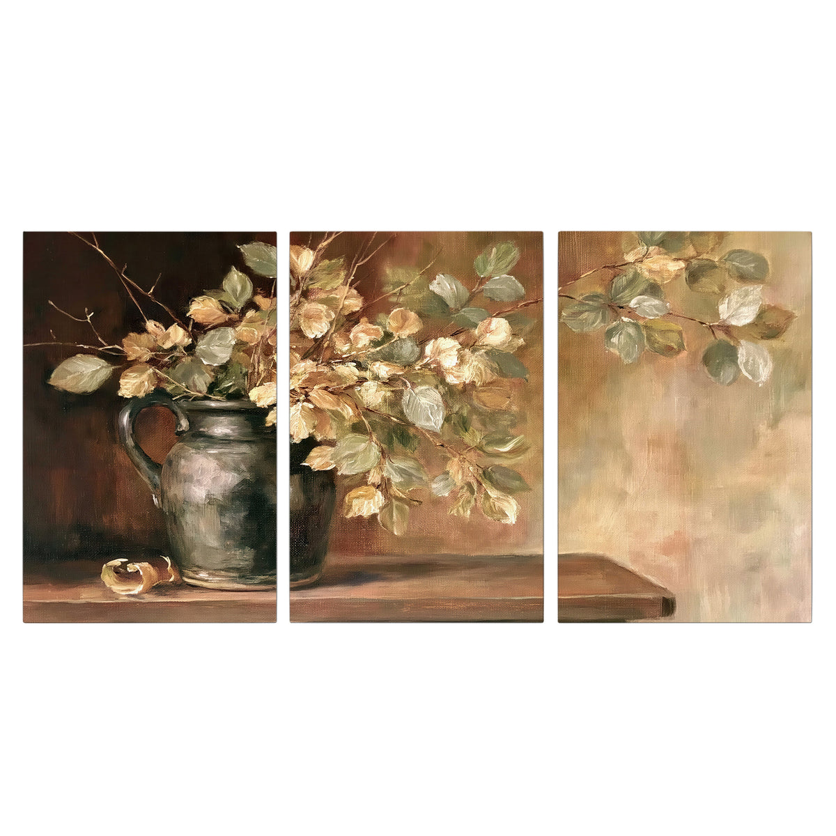 Pale golden blossoms and leaves in a dark green vase on a wooden ledge 3 piece canvas wall art viewed straight on