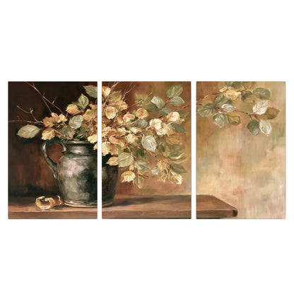 Pale golden blossoms and leaves in a dark green vase on a wooden ledge 3 piece canvas wall art viewed straight on