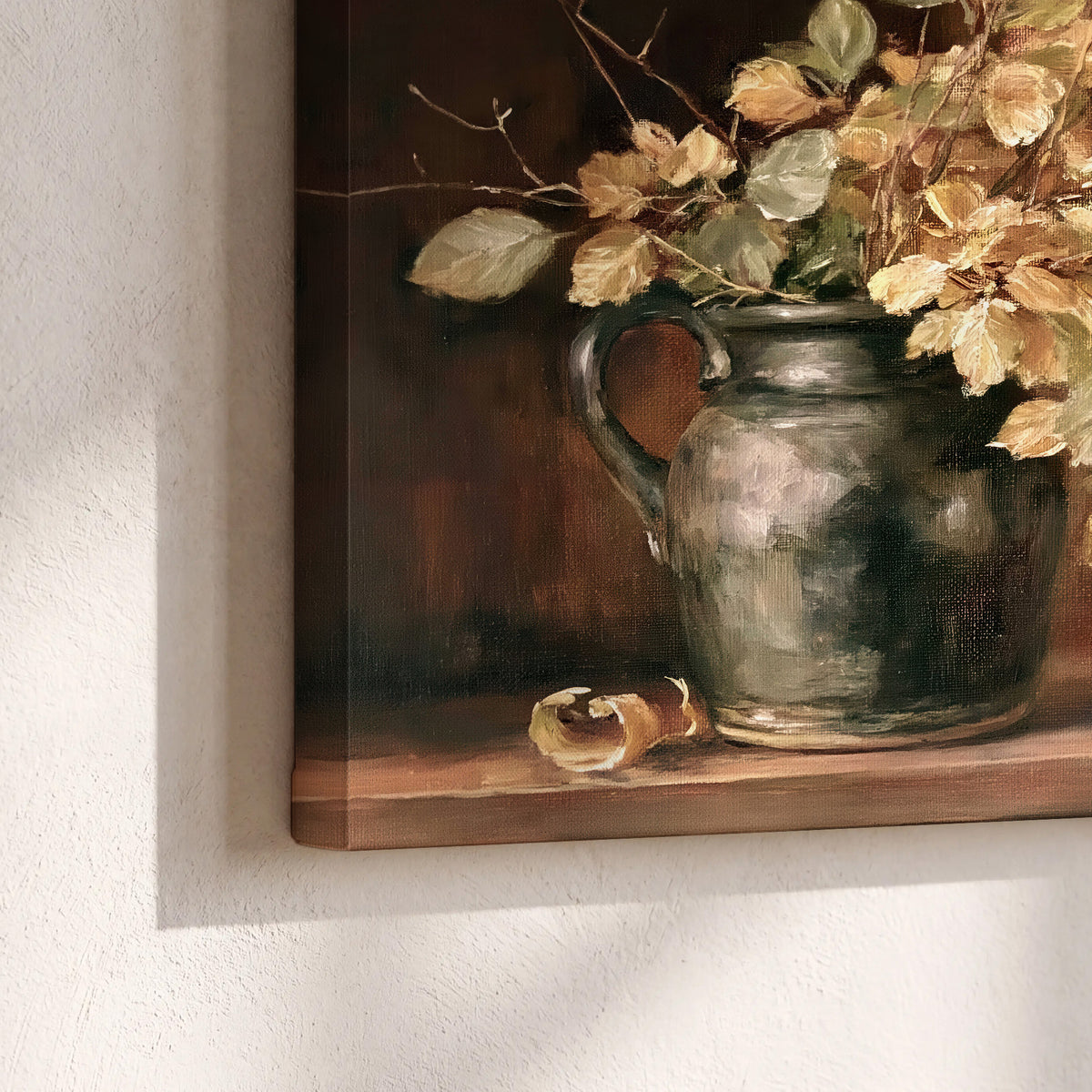 Pale golden blossoms and leaves in a dark green vase on a wooden ledge 3 piece canvas wall art material and edge close up