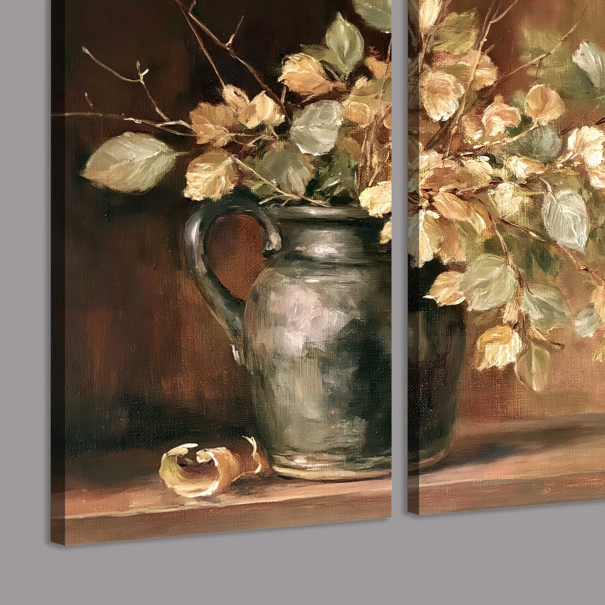 Pale golden blossoms and leaves in a dark green vase on a wooden ledge 3 piece canvas wall art room and product view