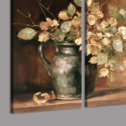 Pale golden blossoms and leaves in a dark green vase on a wooden ledge 3 piece canvas wall art room and product view
