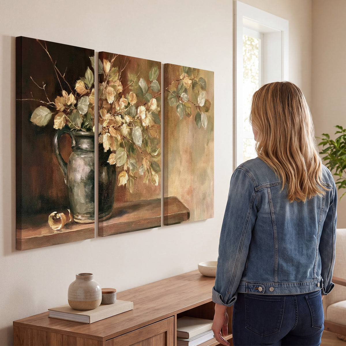 Pale golden blossoms and leaves in a dark green vase on a wooden ledge 3 piece canvas wall art three panel arrangement on a wall