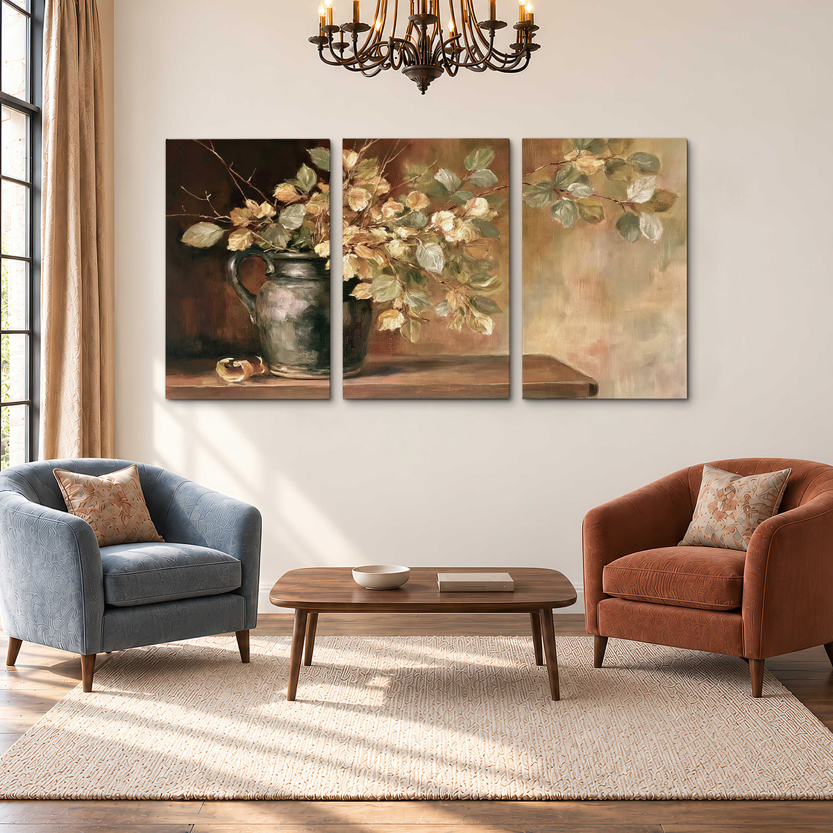 Pale golden blossoms and leaves in a dark green vase on a wooden ledge 3 piece canvas wall art styled in an interior